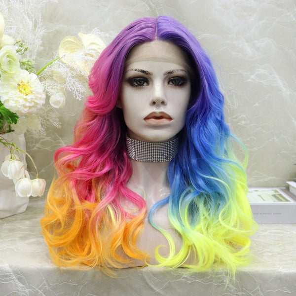 IMstyle Dazzling Rainbow colorful wigs with 22inches wavy style T - part lace front synthetic wigs heat friendly - Imstylewigs