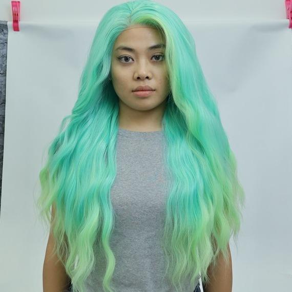 IMstyle Layla 28 inches 13*4 Lace Area Glue less | Lace Synthetic Wigs | Green Blue tone with Yellow Highlight | wave curly Hair | Colourful Essentials | DIY Hair Accessories | Heat Resistant |W218 - C249 - C13X3 - Imstylewigs