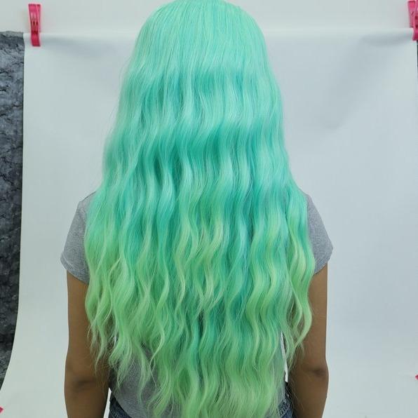 IMstyle Layla 28 inches 13*4 Lace Area Glue less | Lace Synthetic Wigs | Green Blue tone with Yellow Highlight | wave curly Hair | Colourful Essentials | DIY Hair Accessories | Heat Resistant |W218 - C249 - C13X3 - Imstylewigs