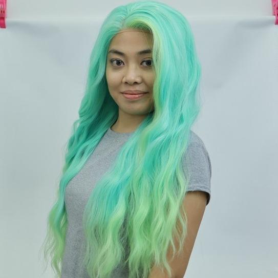 IMstyle Layla 28 inches 13*4 Lace Area Glue less | Lace Synthetic Wigs | Green Blue tone with Yellow Highlight | wave curly Hair | Colourful Essentials | DIY Hair Accessories | Heat Resistant |W218 - C249 - C13X3 - Imstylewigs