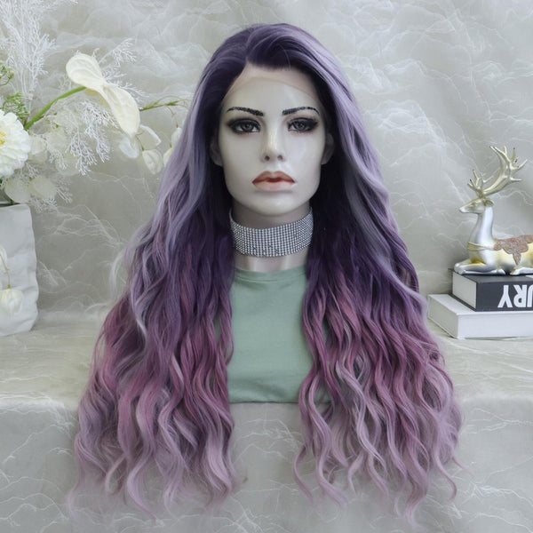 IMstyle New Arrival Fiona 13*2 Free part Low density Big volum 26 inches Curly Purple Ombre Color Gluless Pre pluck Lace Front Synthetic wig Party Daily K302 - 3T006 - F - Imstylewigs