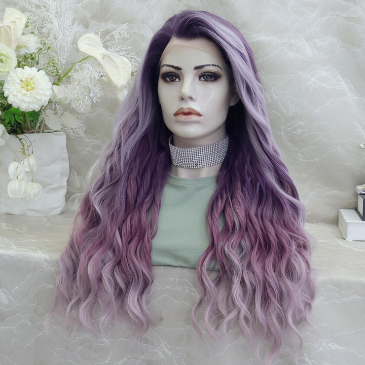 IMstyle New Arrival Fiona 13*2 Free part Low density Big volum 26 inches Curly Purple Ombre Color Gluless Pre pluck Lace Front Synthetic wig Party Daily K302 - 3T006 - F - Imstylewigs