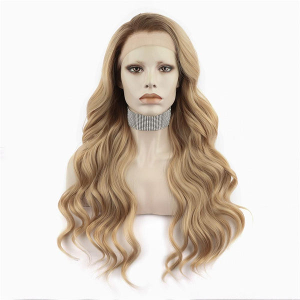 IMSTYLE new Honey Blonde Lace Front Wig Dark Rooted Wave Synthetic Wigs - C15 - orange - raise - Imstylewigs