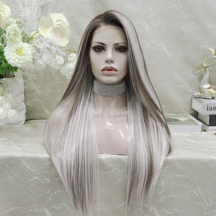 Imstyle sliver mist grey with highlights and dark roots 28 inches free part Synthetic Lace Front Wig - Imstylewigs