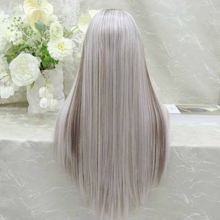 Imstyle sliver mist grey with highlights and dark roots 28 inches free part Synthetic Lace Front Wig - Imstylewigs