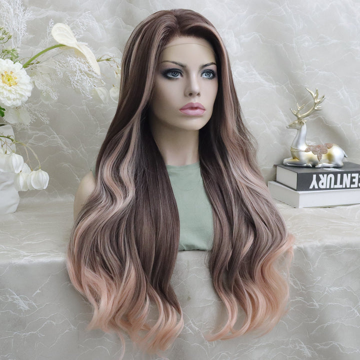 Imstylewigs Pinkshow 28 inches brown with pink highlight peachy pink Lace Front Wig - Imstylewigs