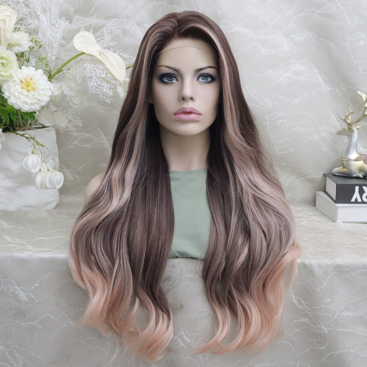 Imstylewigs Pinkshow 28 inches brown with pink highlight peachy pink Lace Front Wig - Imstylewigs