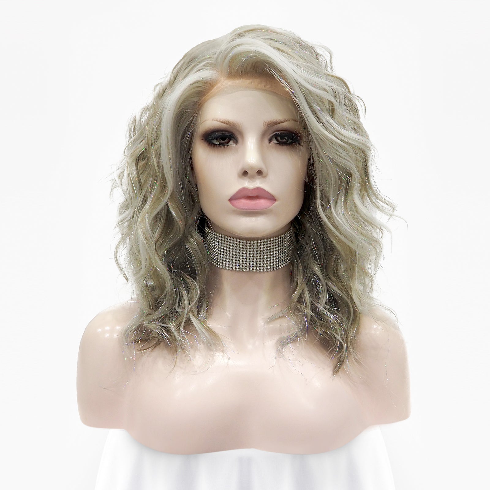 Silver Blonde And Brown Loose Curl Short With Tinsel Synthetic
