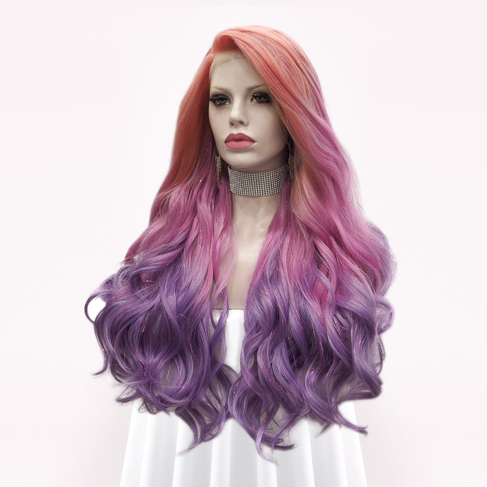 Cotton candy pink celebrity wavy lace wig factory with green and purple highlights